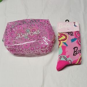 Barbie Official Bundle Lot Clear Pink Floral Vinyl Make-Up Bag & Crew Socks